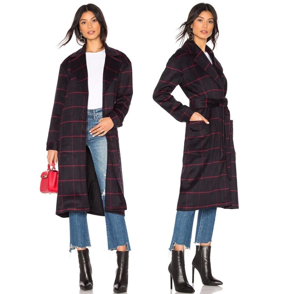 Rebecca Minkoff Cecilia Wool Blend Plaid Coat Belted Black Red S